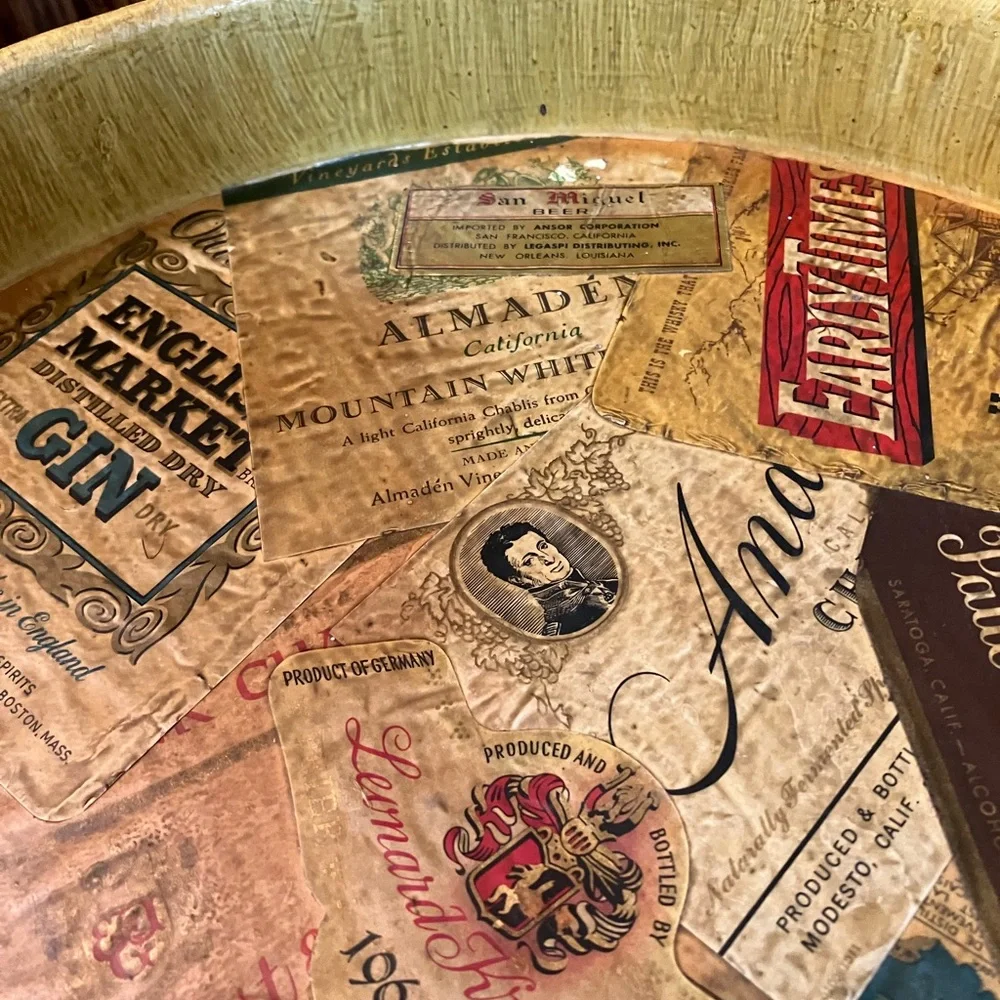 Vintage Liquor Labels Tin Metal Tray Decoupaged 13.5” Wide Unique Bar Decor